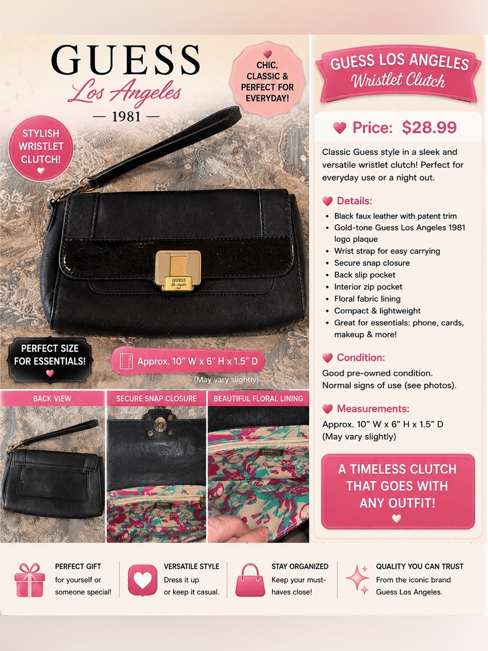 GUESS Los Angeles Black Wristlet Clutch – Gold Hardware – Floral Lining